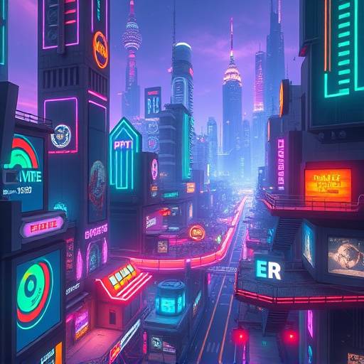Futuristic cityscape with gamified elements