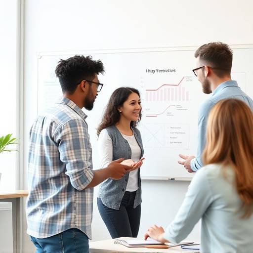 Team members collaborating on a project related to gamification, discussing user interface elements on a whiteboard